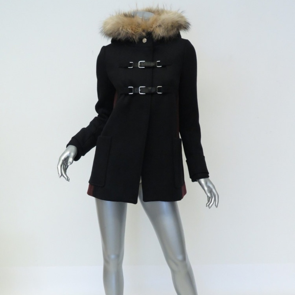 NEW Maje Ganxia Coat Fur-Trim Wool Black/Burgundy - Picture 2 of 7